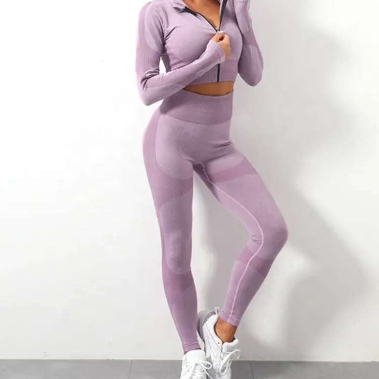 2/3 Piece Seamless Yoga Set Long Sleeve Jacket Leggings For Women Sports Bra Workout Activewear Gym Fitness Sets