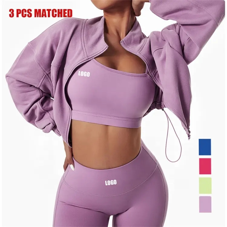 New Custom Logo Winter New Quick Dry Sportswear Leggings And Bra Set Ladies Long Sleeve Hoodies Tracksuits 3pcs Yoga Set