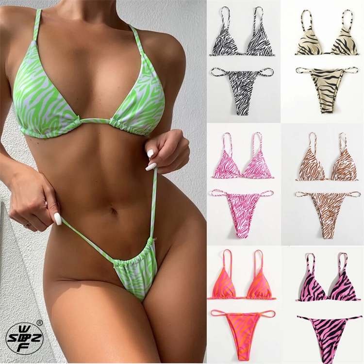 Newest Sexy Triangle Bikinis swimwear Female Sexy triangle split striped print draw string bikini for women