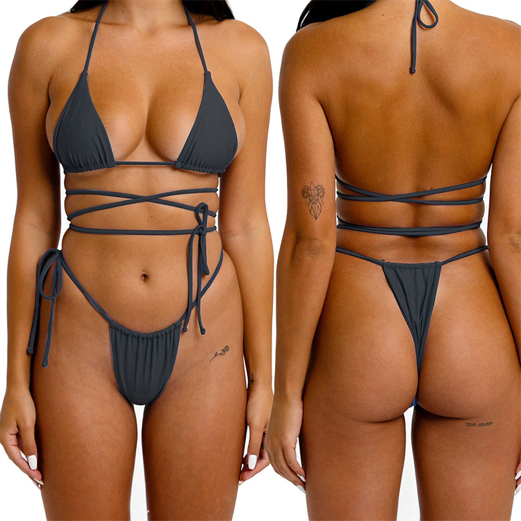 2024 Factory Women swimwear three point bikini with ropes Mini swimwear sexy thong hanging String swimsuit