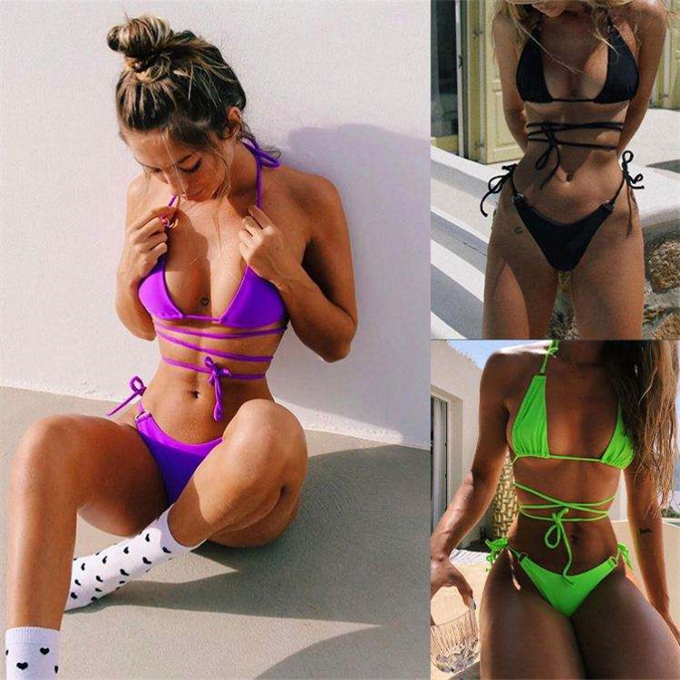 New Design Triangle Halter String Sexy Bikini Set Solid Color Neon Green Micro Swimwear & Beachwear