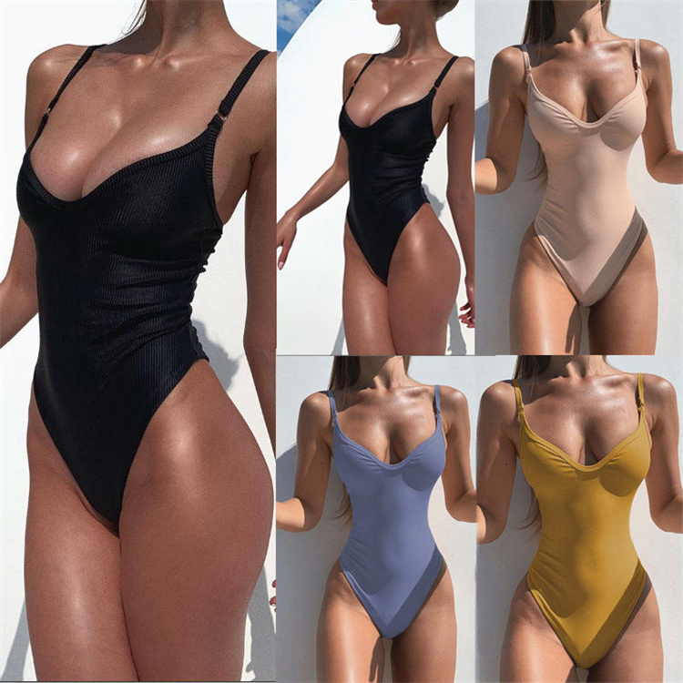 Hot Selling Solid V Neck Backless Triangle Summer Fashionable Customized Girls Women Sexy Bikini One Piece Swimsuit 2024 Ladies