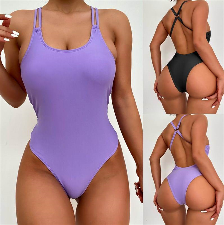 Dropshipping 2024 Fashion Solid Color One Piece High Waist Backless Bikini Hollow Out Sexy Beach Swimsuit