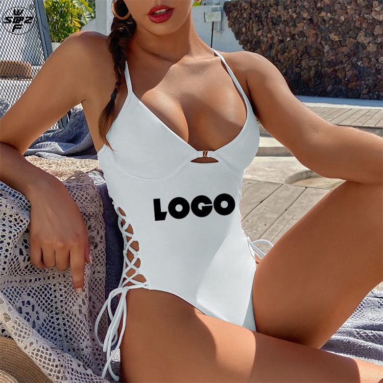 New 2024 Custom Logo Swimwear Women Bikini Backless Bandage Girls Bikinbrazil Solid Color Sexy Custom One Piece Swimsuit