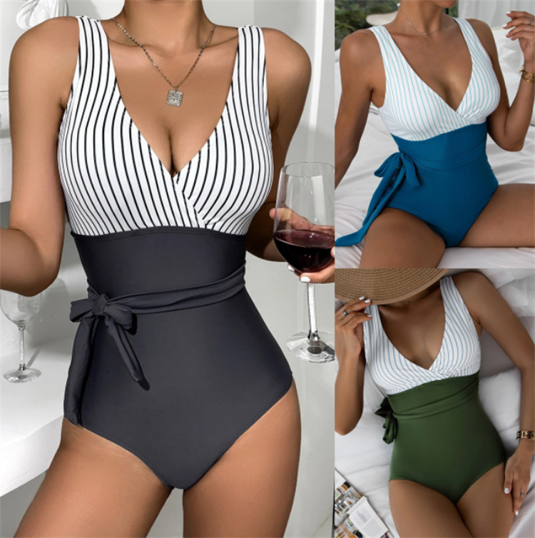 2024 New Swimsuit Women's Triangle One-piece Striped Swimsuit Solid Color Printed Backless  Bikini