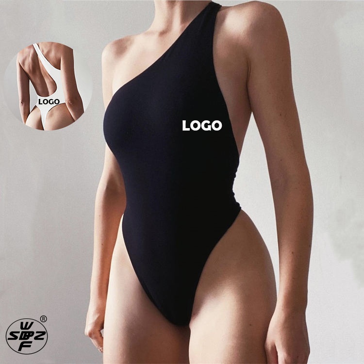 Custom Logo Minimalist Chic Sexy Basic One Shoulder Stretchy Solid Bodysuit Sleeveless Backless Bodysuits for Women