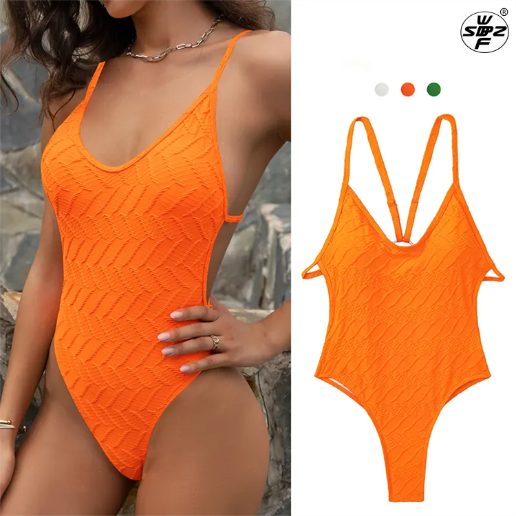 Customized Logo Design Solid Color Jacquard One-Piece Sexy Tight Backless Beach Wear Bikini Swimsuit for Women