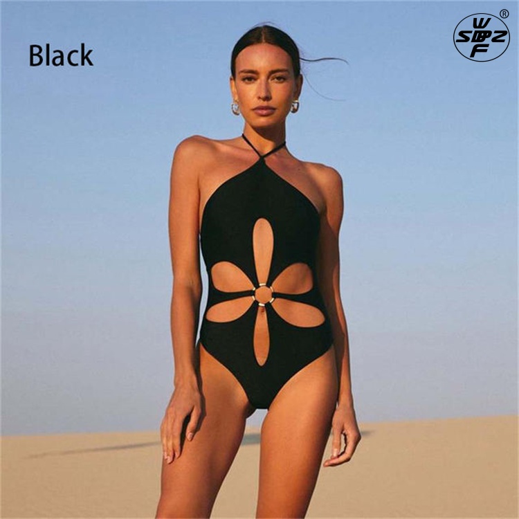 2024 New Women's Swimwear Fashion Solid Color Sexy Hollow Hanging Neck Backless One-Piece Ladies Bikini Beach Vacation Swimsuit