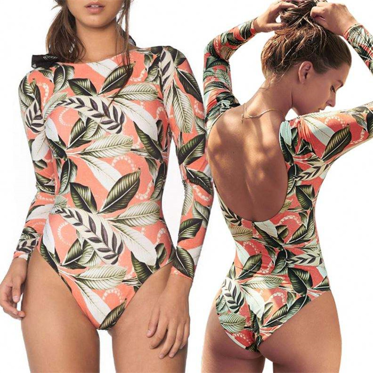 ODM/OEM Women Long Sleeve Bikini Rash Guard Print One Piece Swimsuit Monokini surfing suits