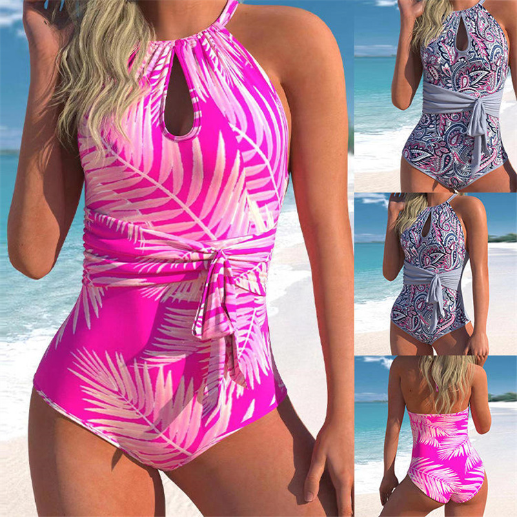 Large size women's one-piece swimsuit hanging neck gathering lace-up digital printed swimsuit women