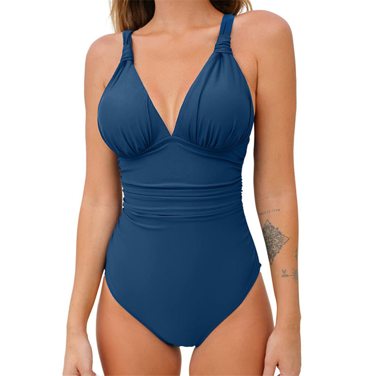 OEM Women One Piece Swimsuit Deep V Neck Tummy Control Ruched V Back Classic Bathing Suits