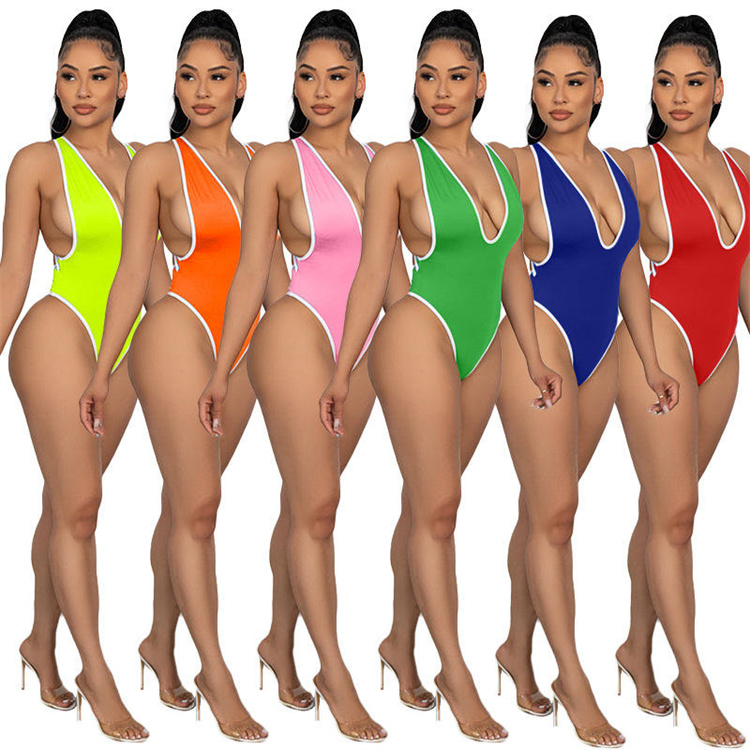 2024 New Sexy Women's Dress Solid Sports Style Backless High Elastic Tight Bikini Three-point T-shaped Vest One-piece Swimsuit