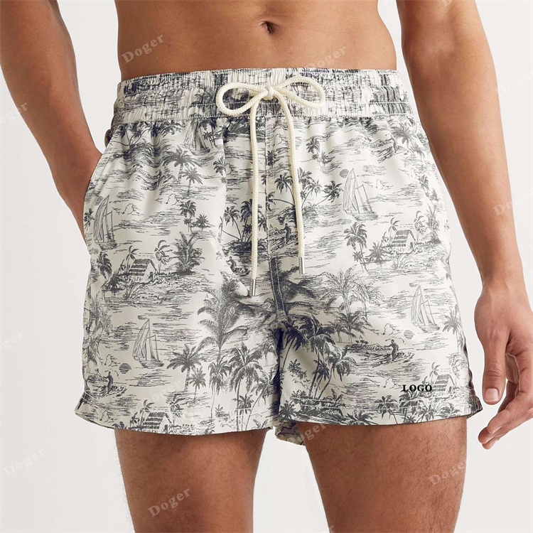 Customized Embroidered Logo High Quality Allover Print Swim Shorts Breathable Quick Dry 100% Recycled Polyester Men Beach Shorts